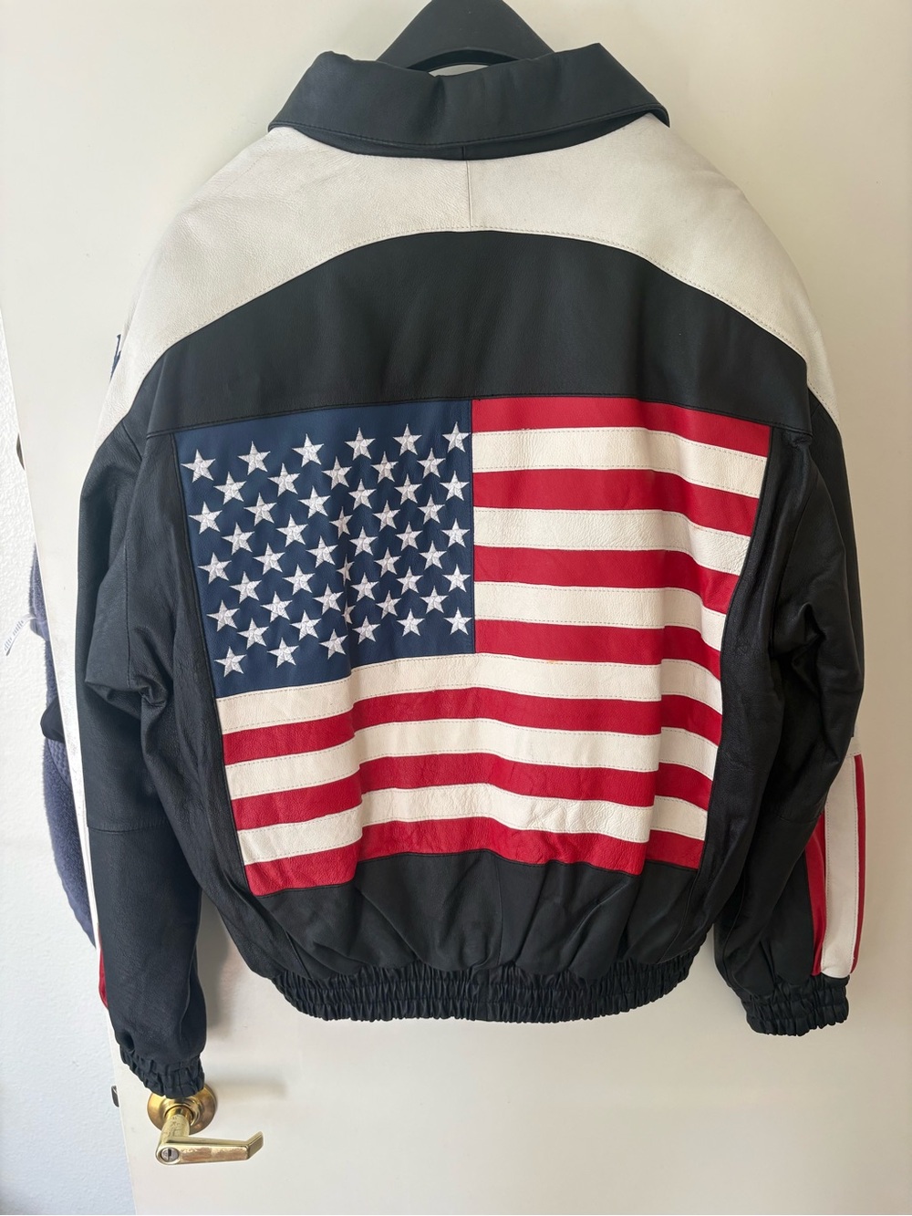 Men's Black Leather Jacket with American Flag Back size large
